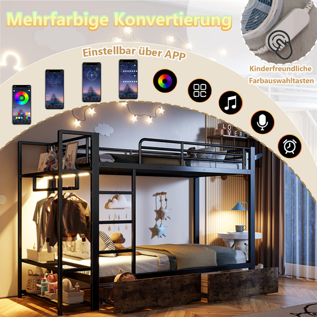 ETAGENBETT 90/200 cm aus Metall mit LED-Beleuchtung und 2 Schubladen - Schwarz, Metall - BEAOK