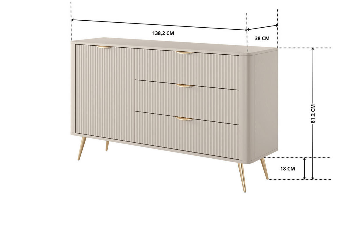 SIDEBOARD Flore 138 cm Beige / Gold - mit 3 Schubladen und 1 Tür - Riffel-Optik - Beige/Gelb, Holz/Holzwerkstoff (138/81/38cm) - Ravio