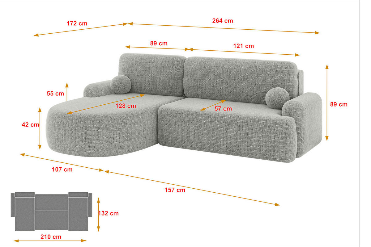 ECKSOFA mit Schlaffunktion und Bettkasten LIRA-L - 264x172x89 Hellgrau - Hellgrau, Holzwerkstoff/Textil (264/172cm) - ALTDECOR