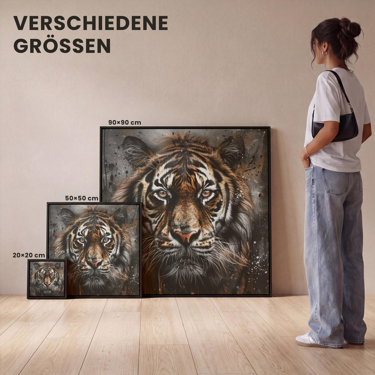 LEINWAND Bilder mit Rahmen - Tiger - Tiere - Porträt - Luxus - Schwarz - 50x50 - Braun, Textil (50/50cm) - MuchoWow