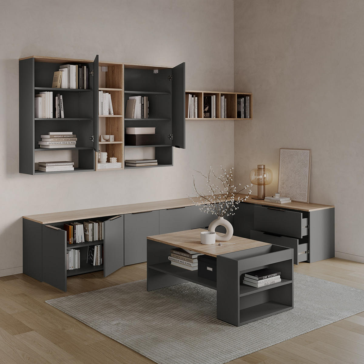 COUCHTISCH Piave Anthrazit/Sonoma mit Regalen - Anthrazit/Sonoma Eiche, Holzwerkstoff (55/100/42cm) - Livinity®