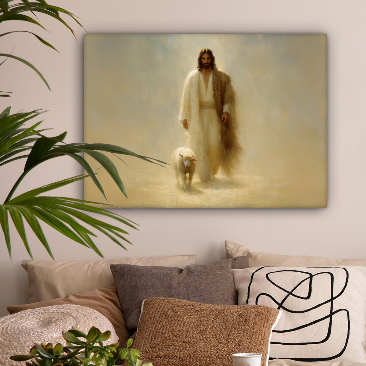 LEINWANDBILD Schaf - Jesus - Pinselstriche - Abstrakt Wandbilder 80x60 cm - Sandfarben, Textil (80/60cm) - MuchoWow