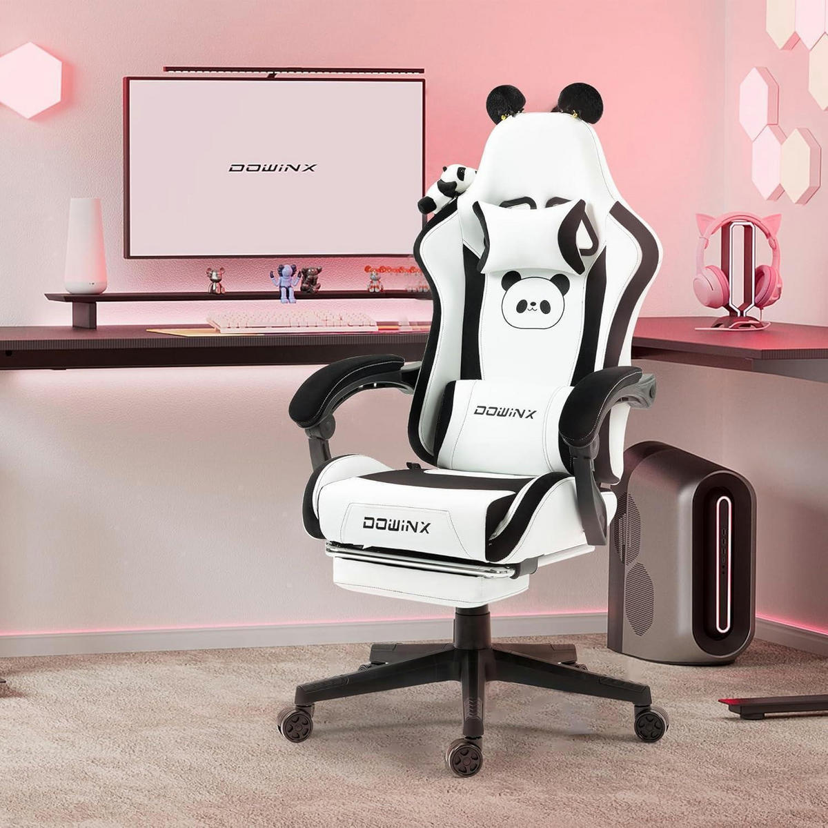 GAMING-STUHL Panda Edition mit Fußstütze und Lendenwirbelstütze - Schwarz, Kunststoff (57/135/76cm)