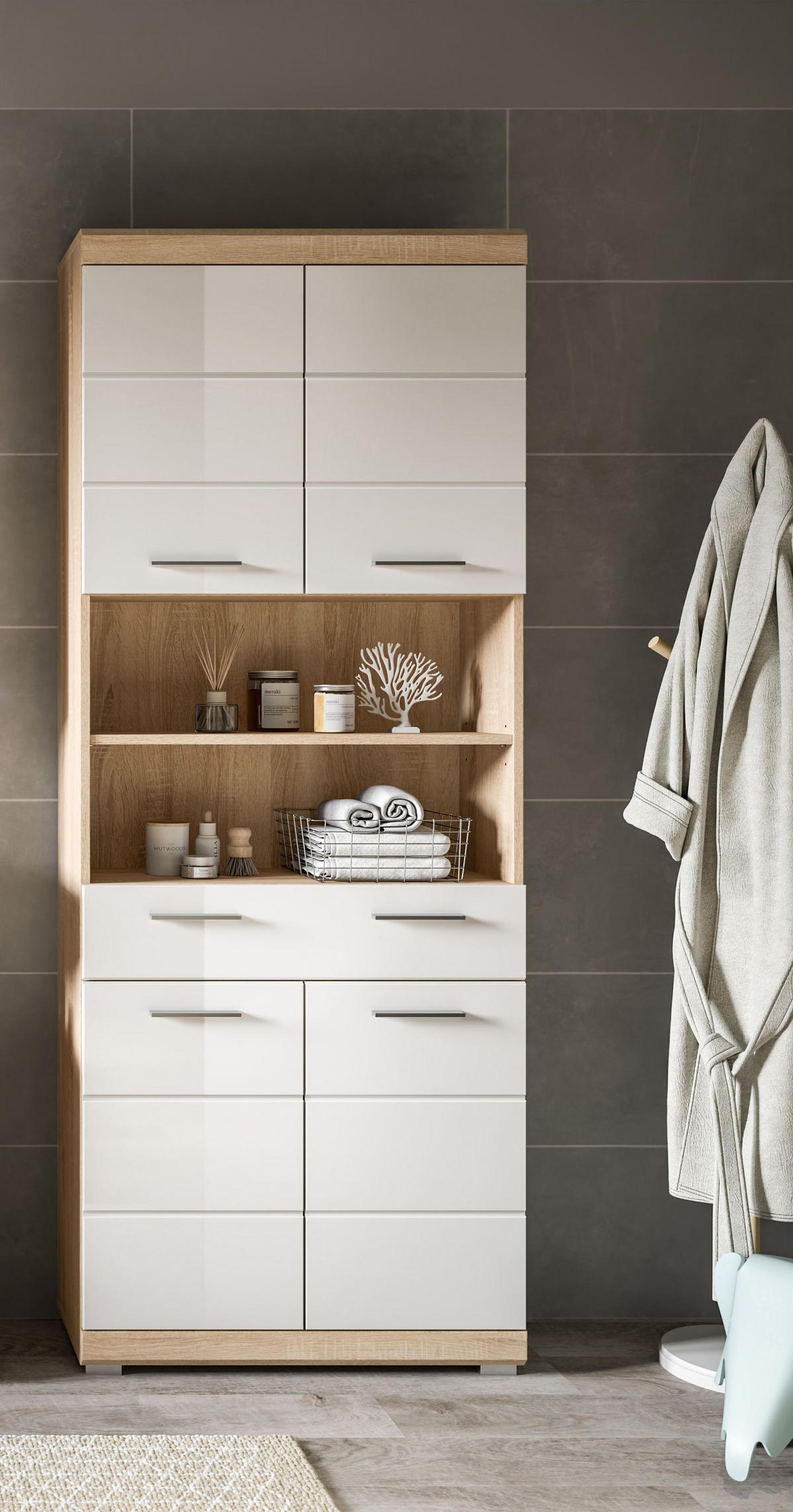 HOCHSCHRANK breit Lambada Bad in Sonoma Eiche hell und weiß hochglanz B/H/T: 74x191x31 cm - Sonoma Eiche, Holz (74/191/31cm)