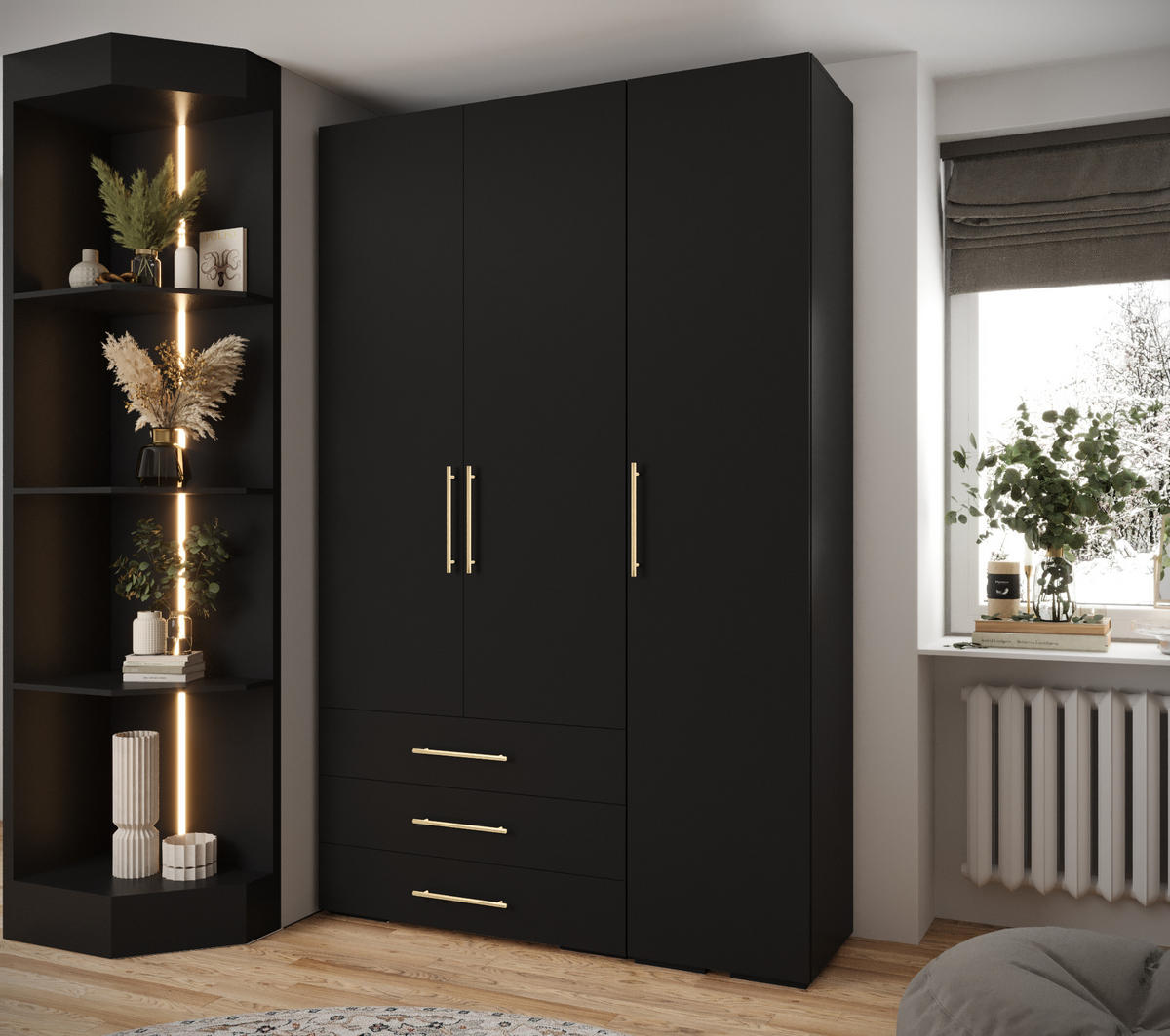 GARDEROBEN-SET 236,7/150/47 - Goldfarben/Schwarz, Holz/Kunststoff (150/236.7/47cm) - Abiks Möbel