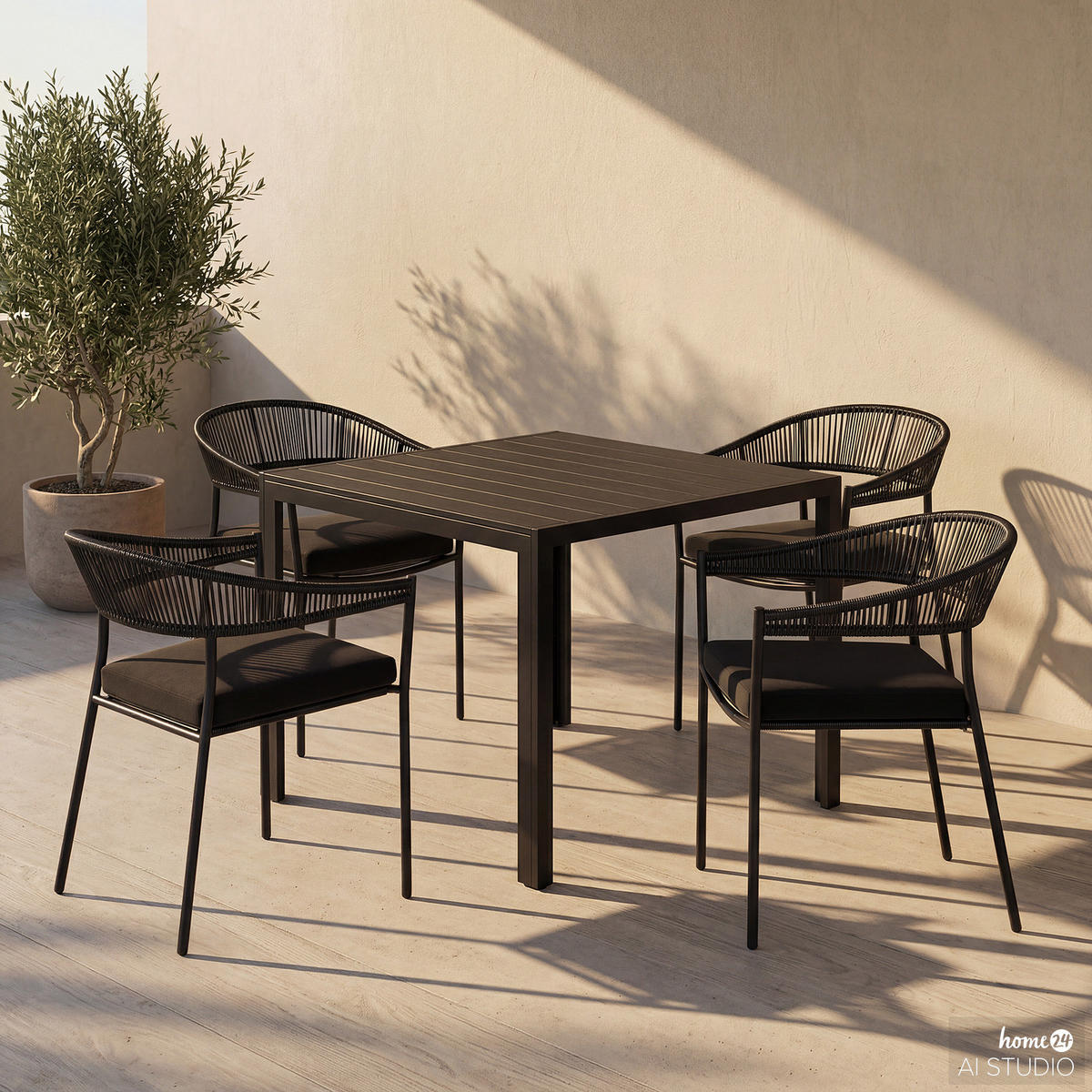 GARTENESSGRUPPE - 5-teilig - Stahl / Polyrattan - Schwarz - Schwarz, Kunststoff/Textil - home24