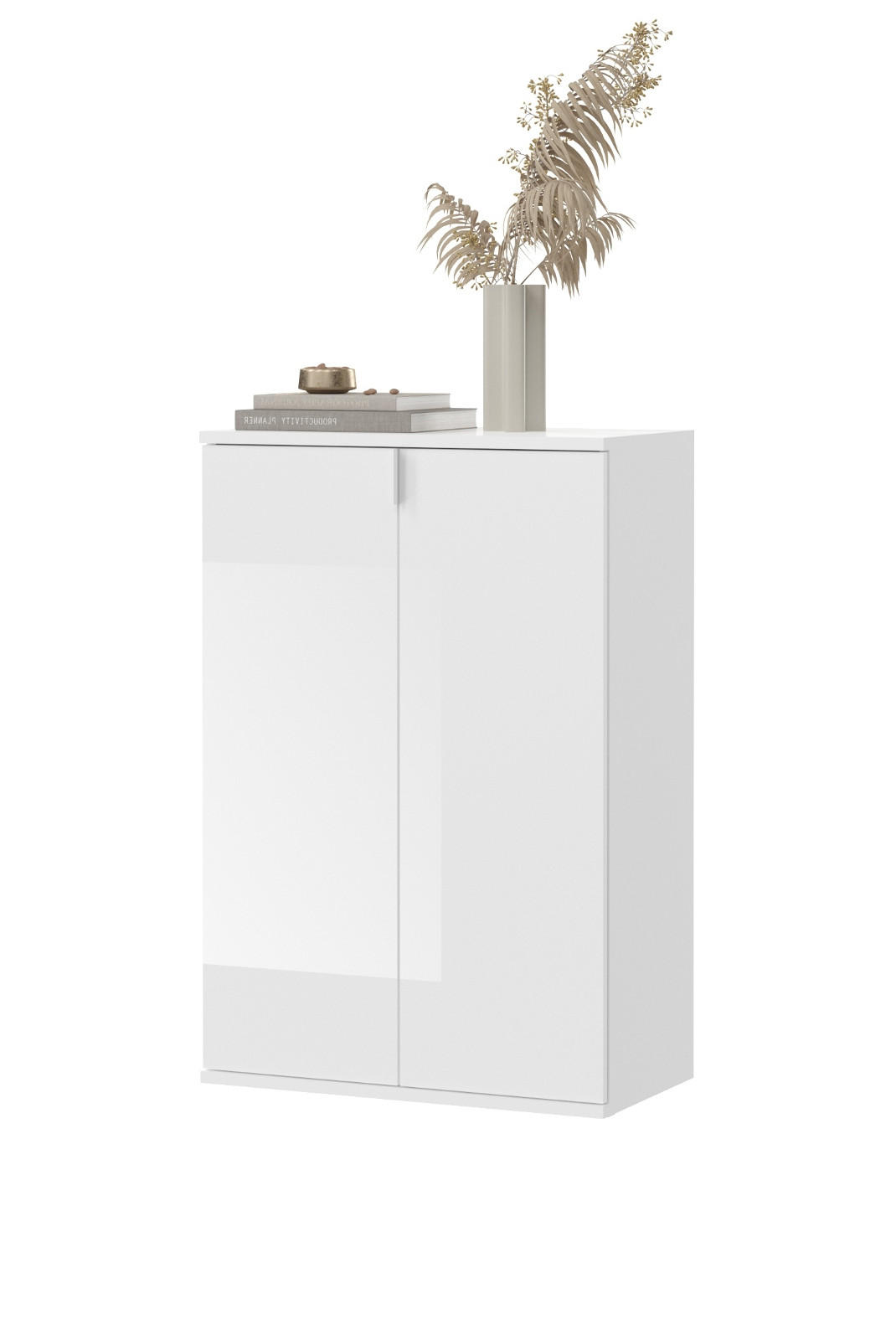 KOMMODE weiß Hochglanz 61 cm 2-türig, Mehrzweckschrank mit 6 Fächern, Garderobenmöbel - Weiß Hochglanz/Silberfarben, Holzwerkstoff/Kunststoff (61/99/34cm) - Inn.Furn