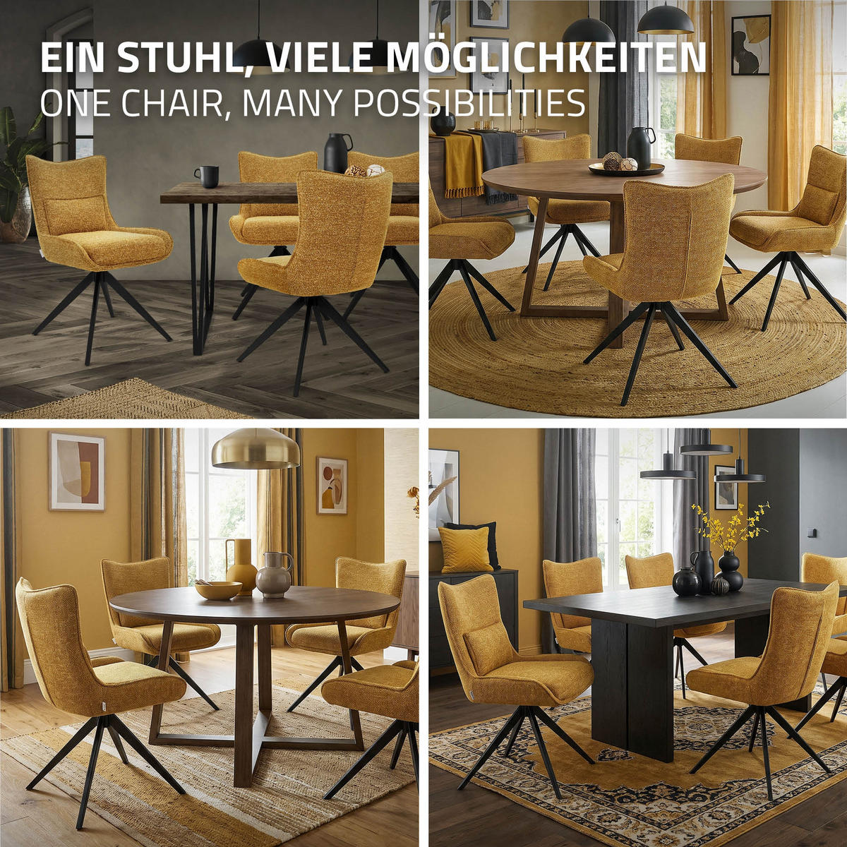 ESSZIMMERSTUHL drehbar Küchenstuhl gepolstert mit Webstoff-Bezug Senf - Dunkelgelb/Schwarz, Textil/Metall (54/90/64cm) - ML-DESIGN