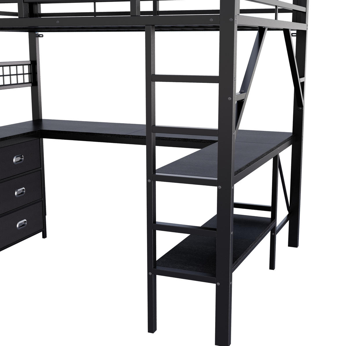 HOCHBETT Metall & MDF 140x200 cm Schwarz mit Schreibtisch, LED und Stauraum - Schwarz, Holzwerkstoff (140/200cm) - Modfu