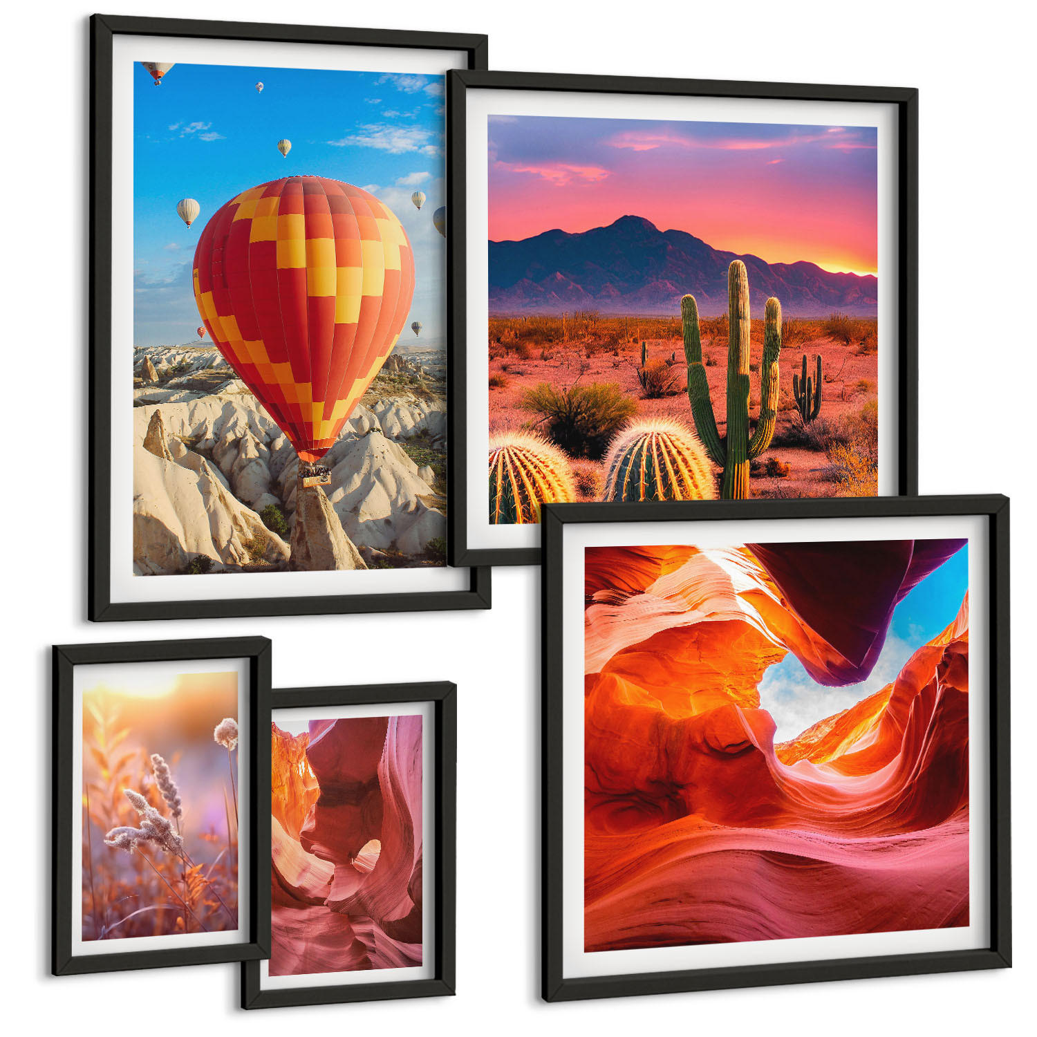 BILDER SET 5er Set - 50x50 cm & 20x30 cm & 40x60 cm Schwarzer Rahmen - Landschaften von Wüstenschluchten - Schwarz, Kunststoff (40/60cm) - TULUP