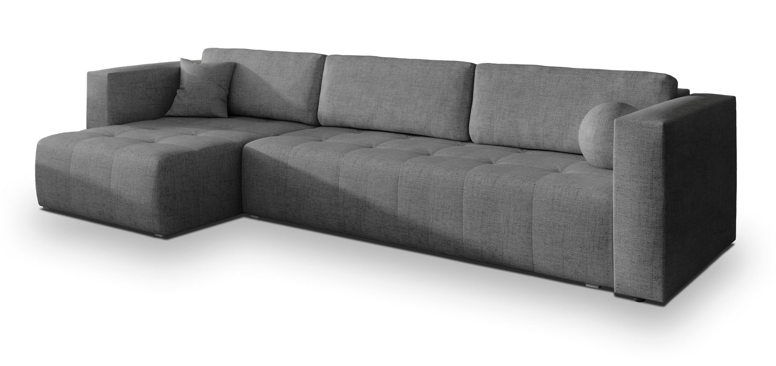 ECKSOFA OLVERA Grau Geflochtener Stoff mit Schlaffunktion - Grau, Holz (347/148cm) - MASSENO