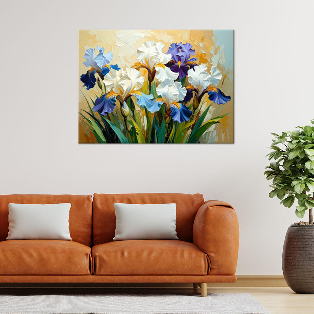 LEINWANDBILD Weiß-violette Iris Blumen imitierte Farbe 90x60cm - Beige, Textil (90/60cm) - Feeby