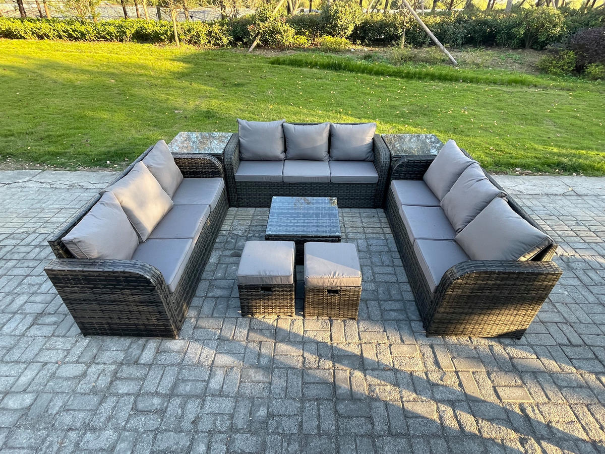 GARTENMÖBELGARNITUR mit KISSEN Polyrattan Dunkelgrau 11-Sitzer - Dunkelgrau/Grau, Glas/Kunststoff - Fimous