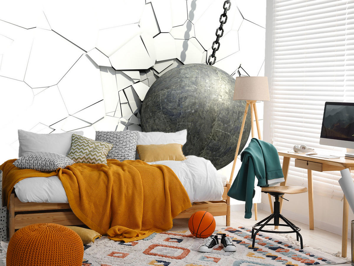 FOTOTAPETE für Büro Metallkugel Riss Weiße Wand 500x350 - Weiß/Grau, Papier (500/350cm) - Muralo