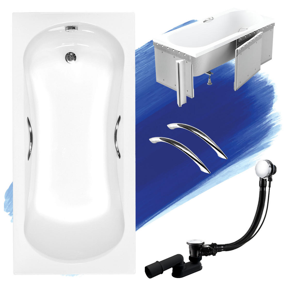 BADEWANNE Rechteck ARIA PLUS 160/70 mit Styro und Handgriffen Ablauf Füße - Weiß, Kunststoff (70/50/160cm) - bad land