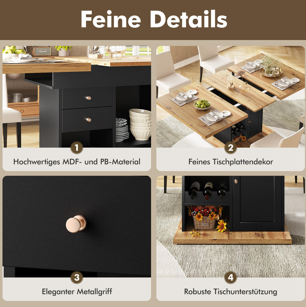 ESSTISCH 110-140/75/80 cm Schwarz/Natur aus MDF mit Stauraum - Schwarz, Holzwerkstoff (110/80/75cm) - OKMYHOME
