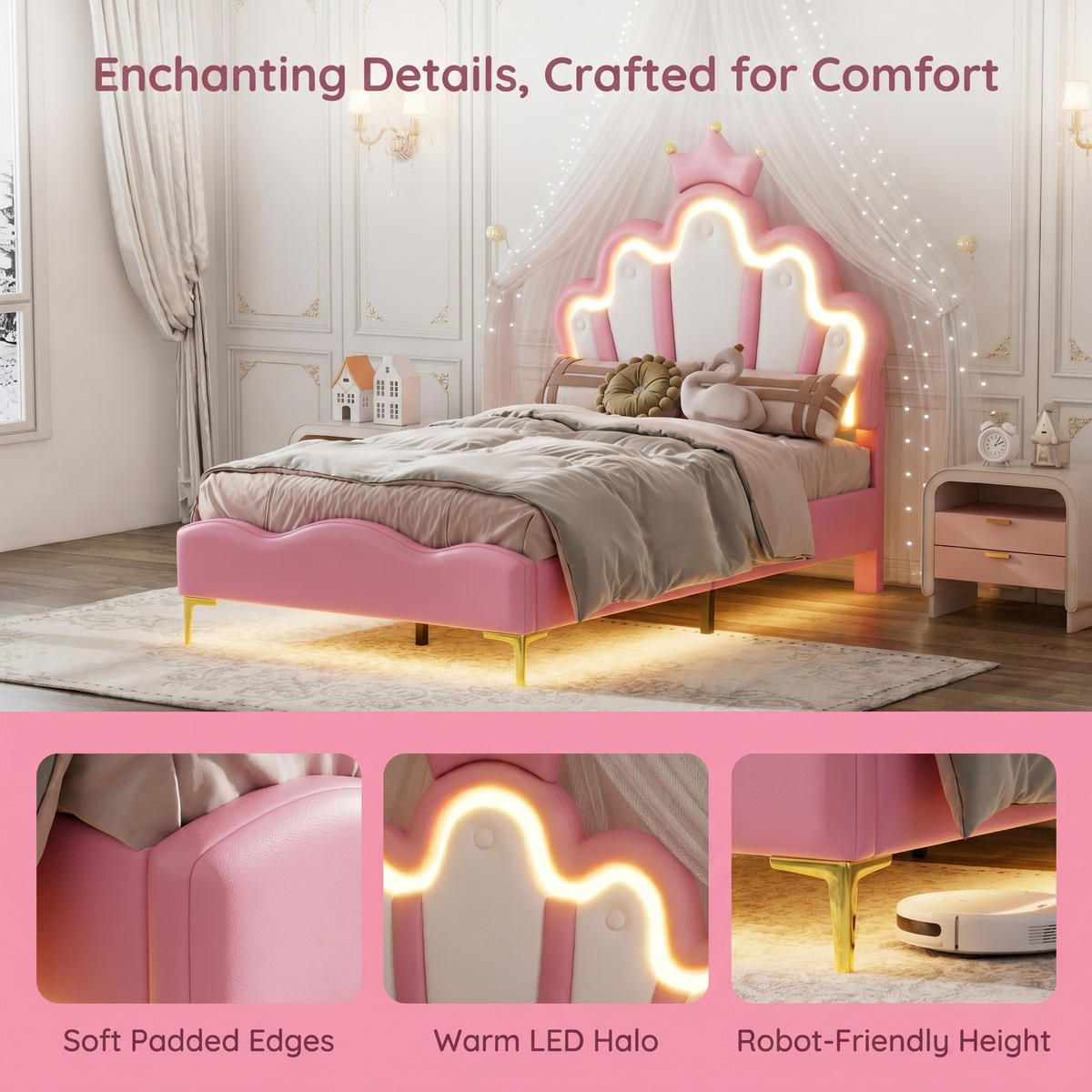 KINDERBETT 90 x 200 cm mit LED-Beleuchtung und höhenverstellbarem Kopfteil - Goldfarben/Rosa, Leder/Holz (90/200cm) - PARAFTA HOME