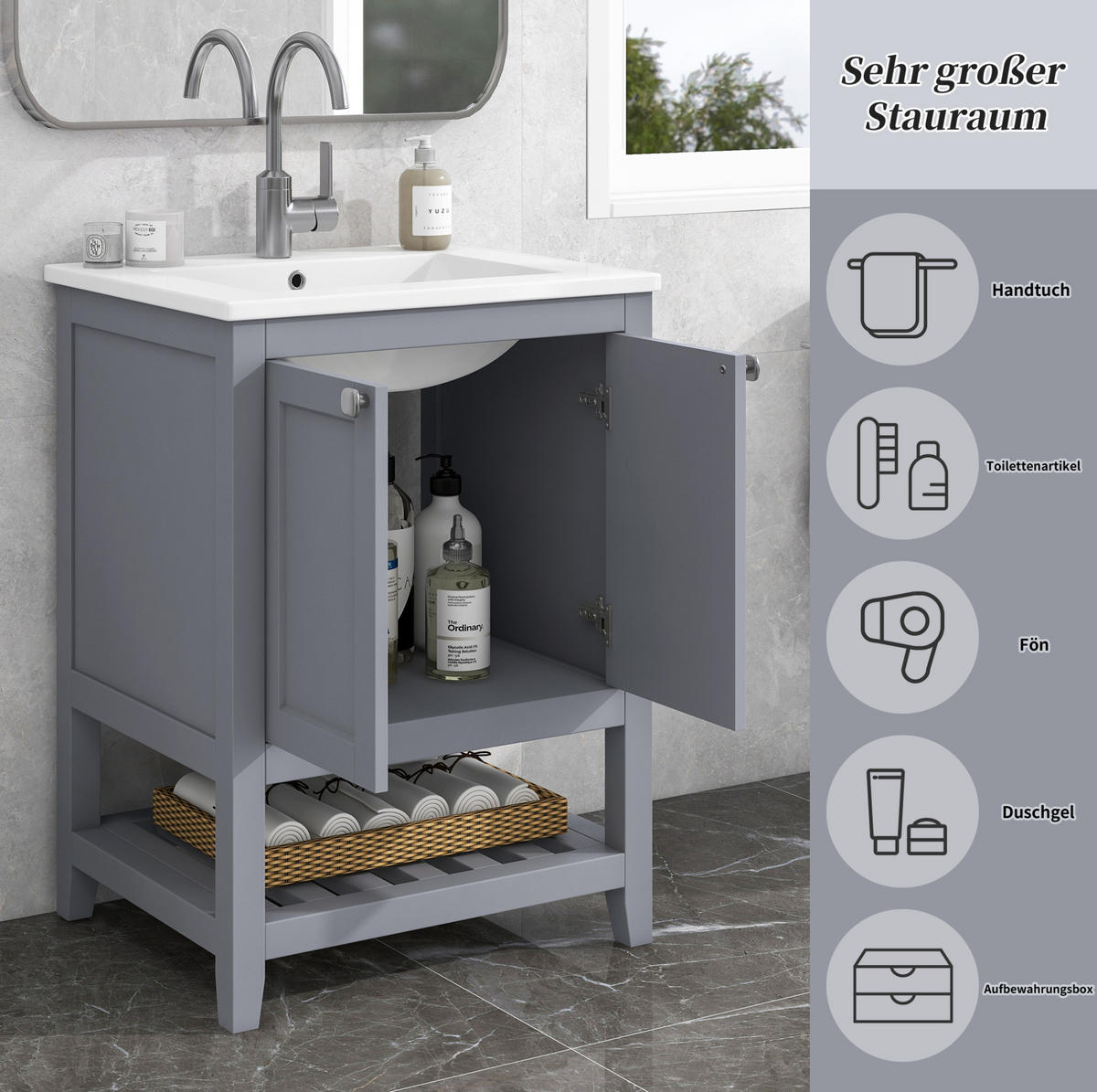 WASCHTISCH mit Unterschrank aus Massivholz und MDF 61x46x90 cm Grau/Weiß, bodenstehend mit Keramikbecken und Stauraum - Weiß, Holzwerkstoff (61/90/46cm) - Modfu