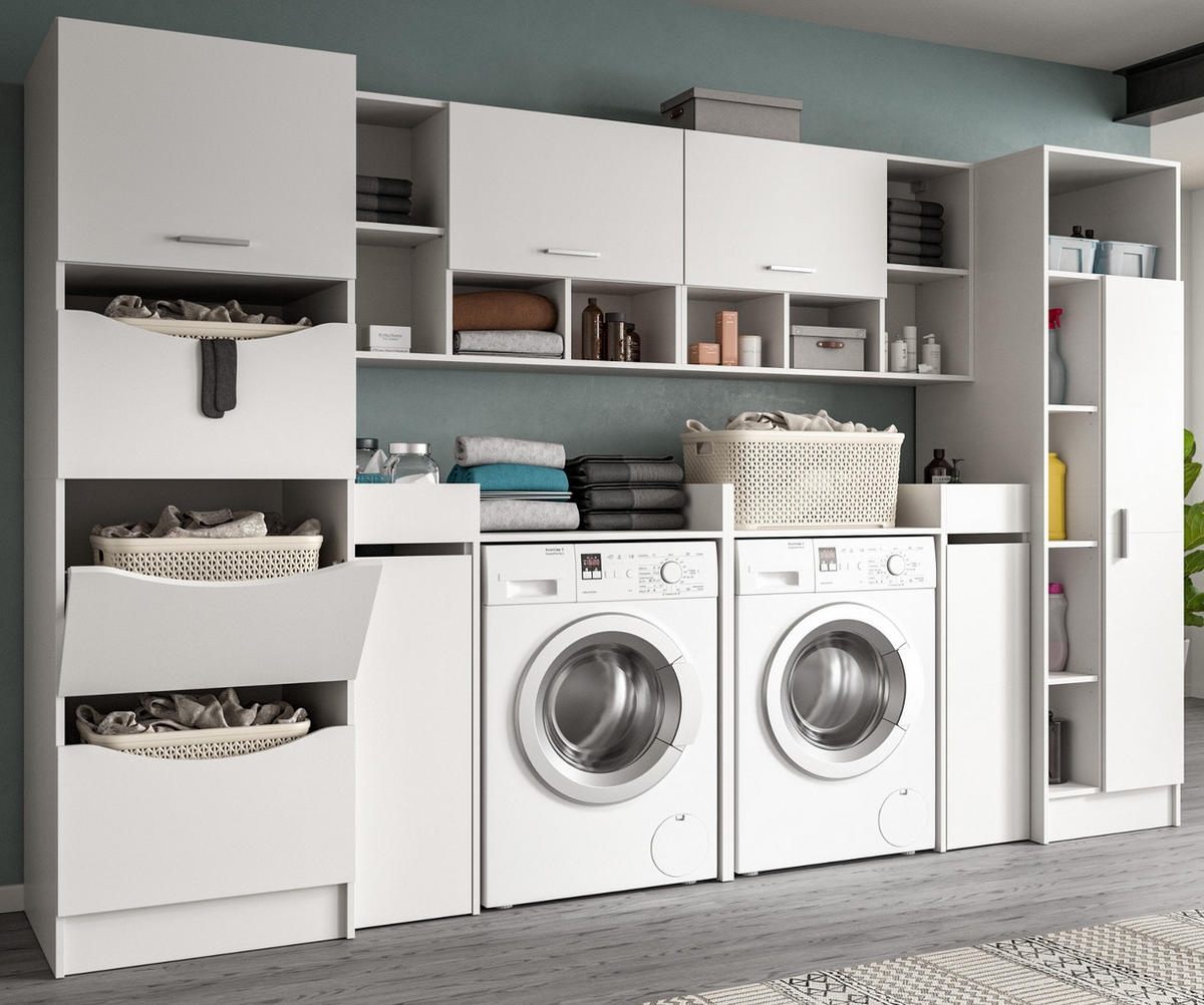 WASCHMASCHINENSCHRANK weiß Set 8-teilig 300 cm, Waschmaschinenumbau XXXL mit viel Stauraum - Silberfarben/Weiß, Glas/Holzwerkstoff (300/196/68cm) - Inn.Furn
