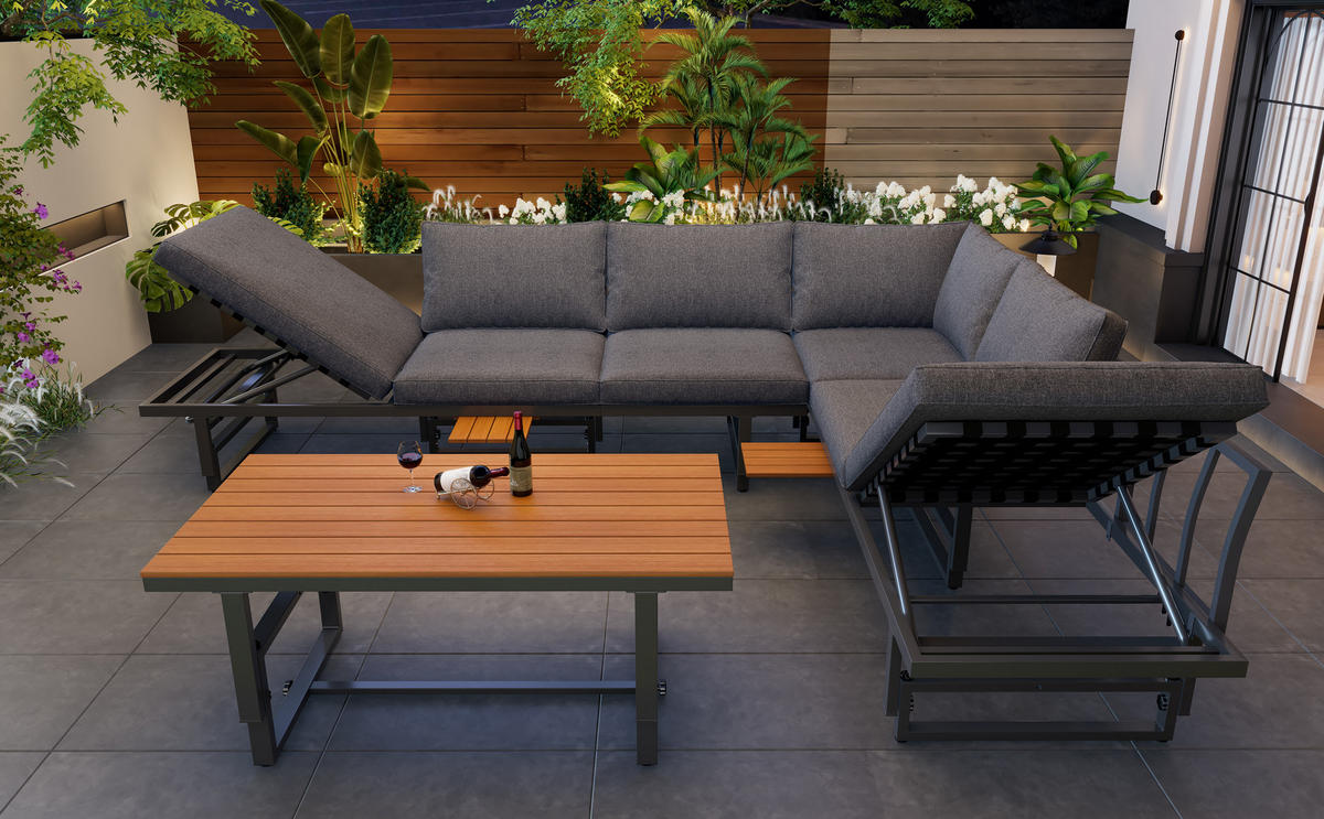 LOUNGEGARNITUR 3-teiliges Gartenmöbel-Set VERSTELLBARE RÜCKENLEHNE HÖHENVERSTELLBARER TISCH Akazienholz Grau für Terrasse - Grau, Metall - Rolipo