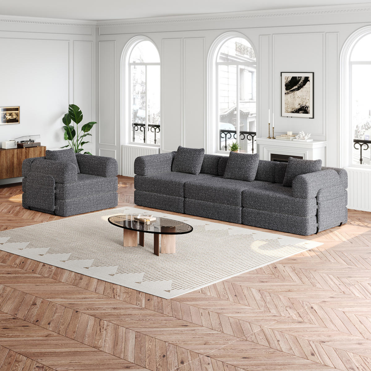 SITZGARNITUR mit Armlehnen-Ablagefach 2-in-1 Grau Chenille 190/90/45 cm - Grau, Textil (181.6/49.5/94cm) - OKWISH