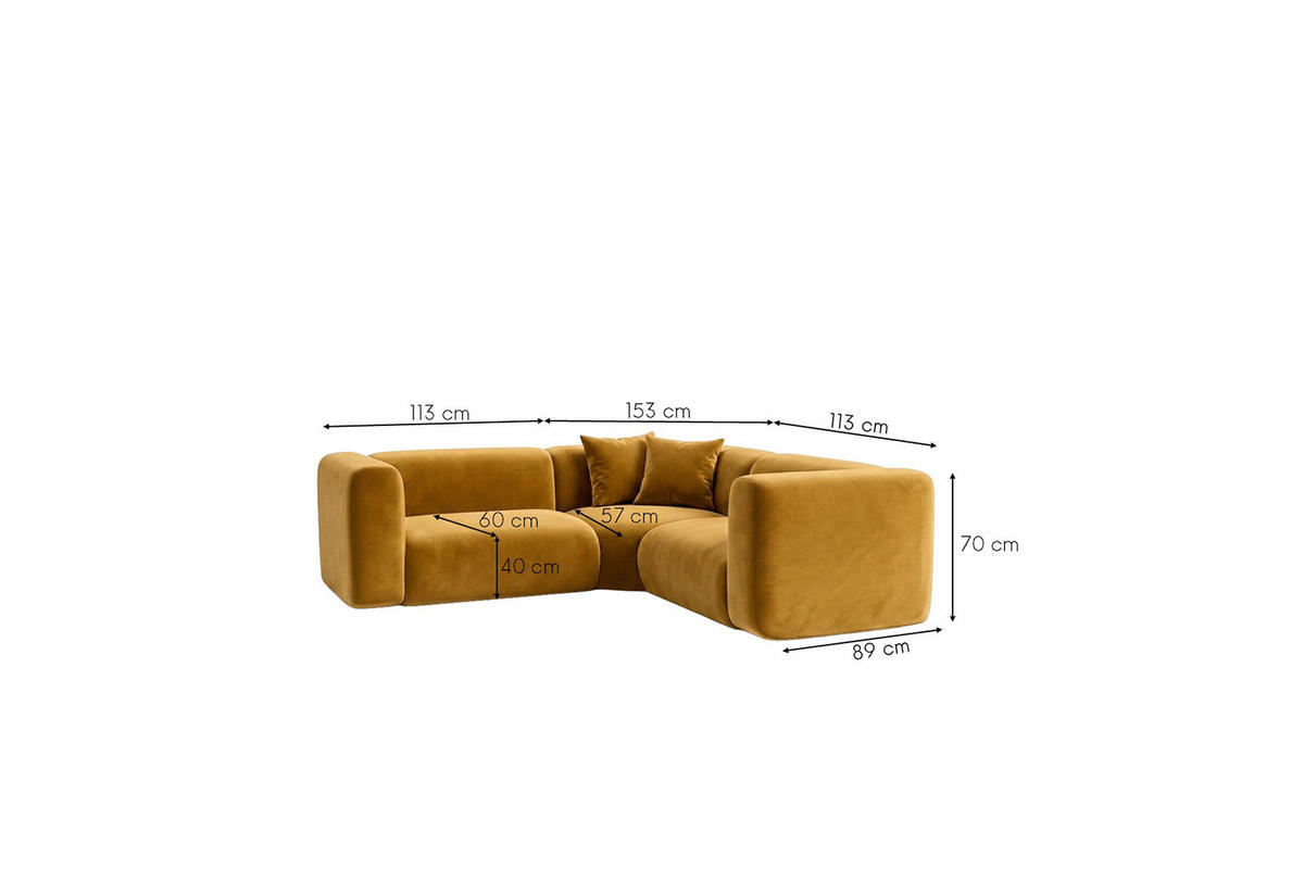 ECKSOFA Modulares, Corner Mini, Velvet-Stoff Bluvel, Golden, GRETA - Goldfarben, Holz (190/190cm) - Kaiser Möbel