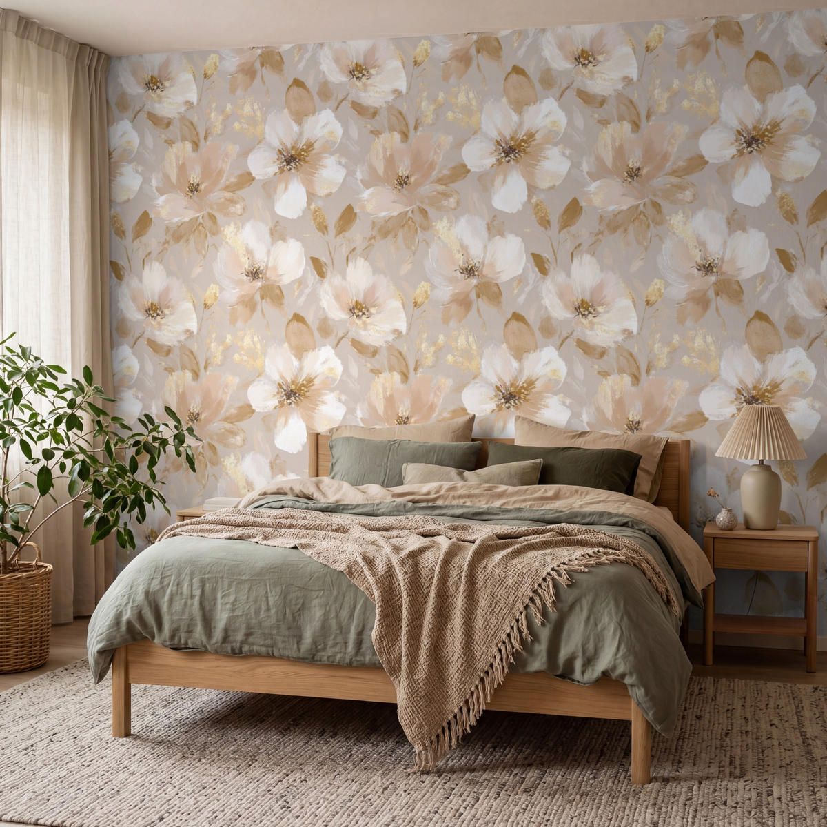 TAPETE - Blumen - künstlerisch - Gold - 400x300 cm - Beige, Papier (400/300cm) - OnlyWow