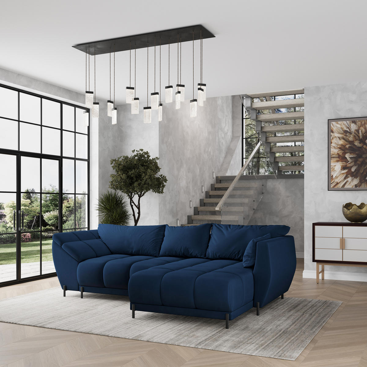 ECKSOFA VESTANO R-S Blau Velours-Stoff mit Schlaffunktion - Blau, Holz (287/182cm) - MASSENO