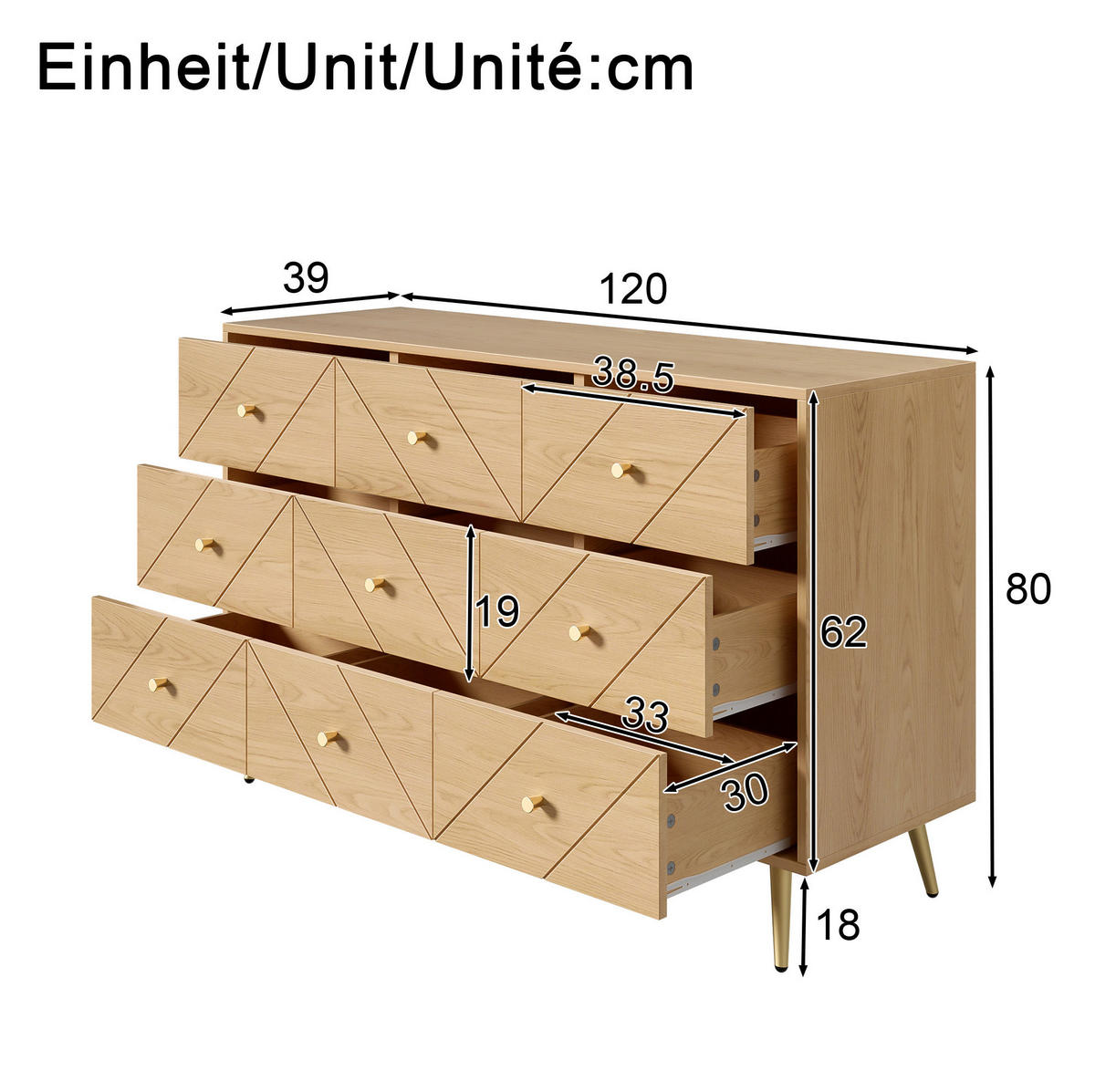 KOMMODE aus Spanplatte 120x39x80 cm Natur mit 9 Schubladen und Eisenbeinen - Naturfarben, Holzwerkstoff (39/80/120cm) - IVMEU