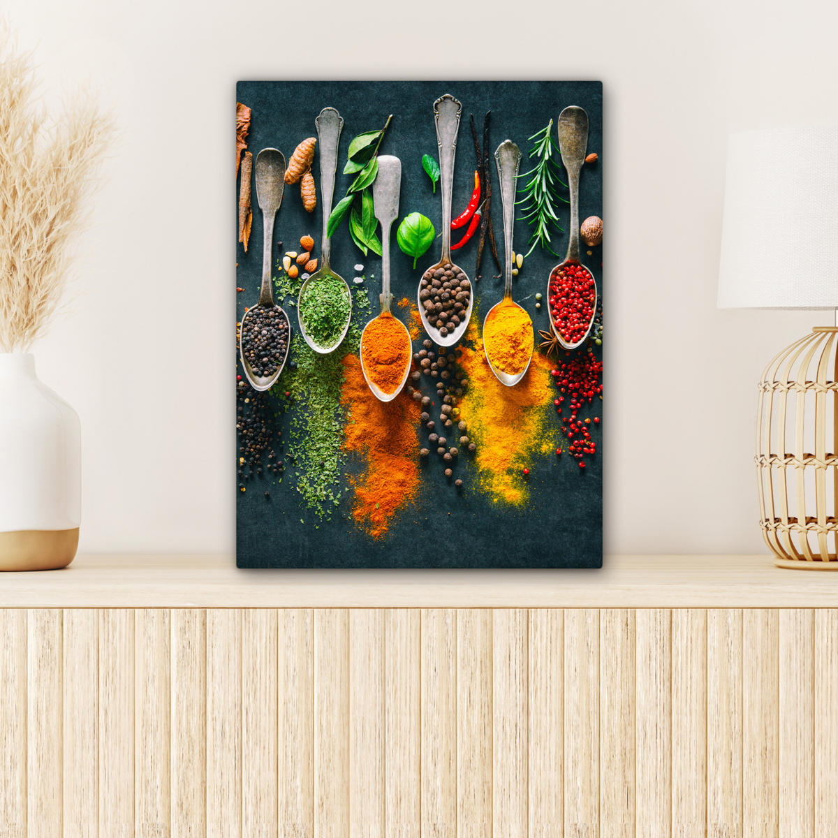 LEINWANDBILD Kräuter - Gewürze - Löffel Room Decor 30x40 cm - Currygelb, Textil (30/40cm) - MuchoWow