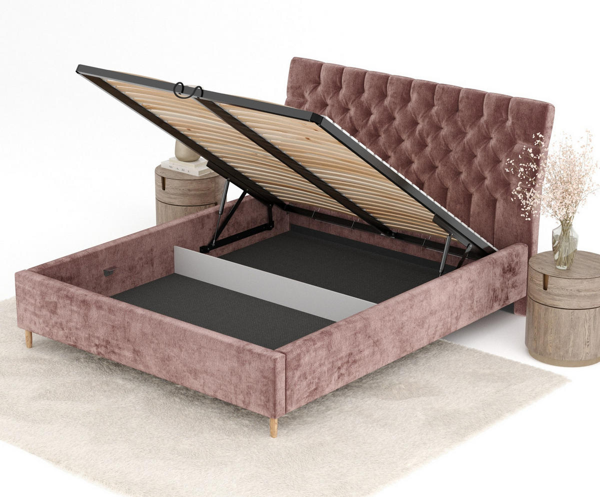POLSTERBETT Vezzola Rosa 180/200 cm im Chenille-Stoff - Pink/Naturfarben, Holz/Holzwerkstoff (180/200cm) - Maison de Reve