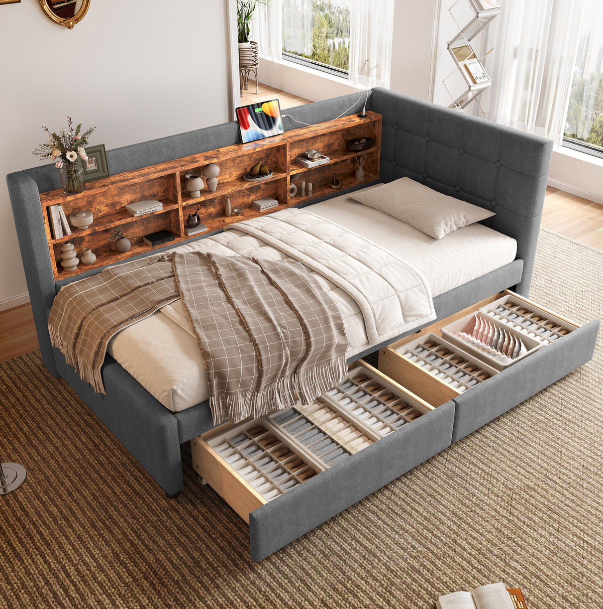 POLSTERBETT aus Leinen 90x200 cm in Grau mit 2 Schubladen & USB-C - Grau, Textil (90/200cm) - Modfu