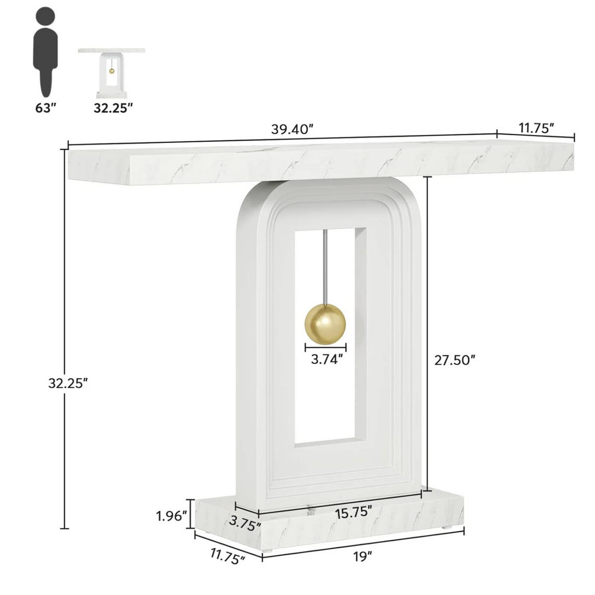 KONSOLENTISCH Marmoroptik Weiß 100/30/ 82 cm - Weiß Hochglanz, Holzwerkstoff/Metall (30/100/82cm) - Quality Elegance