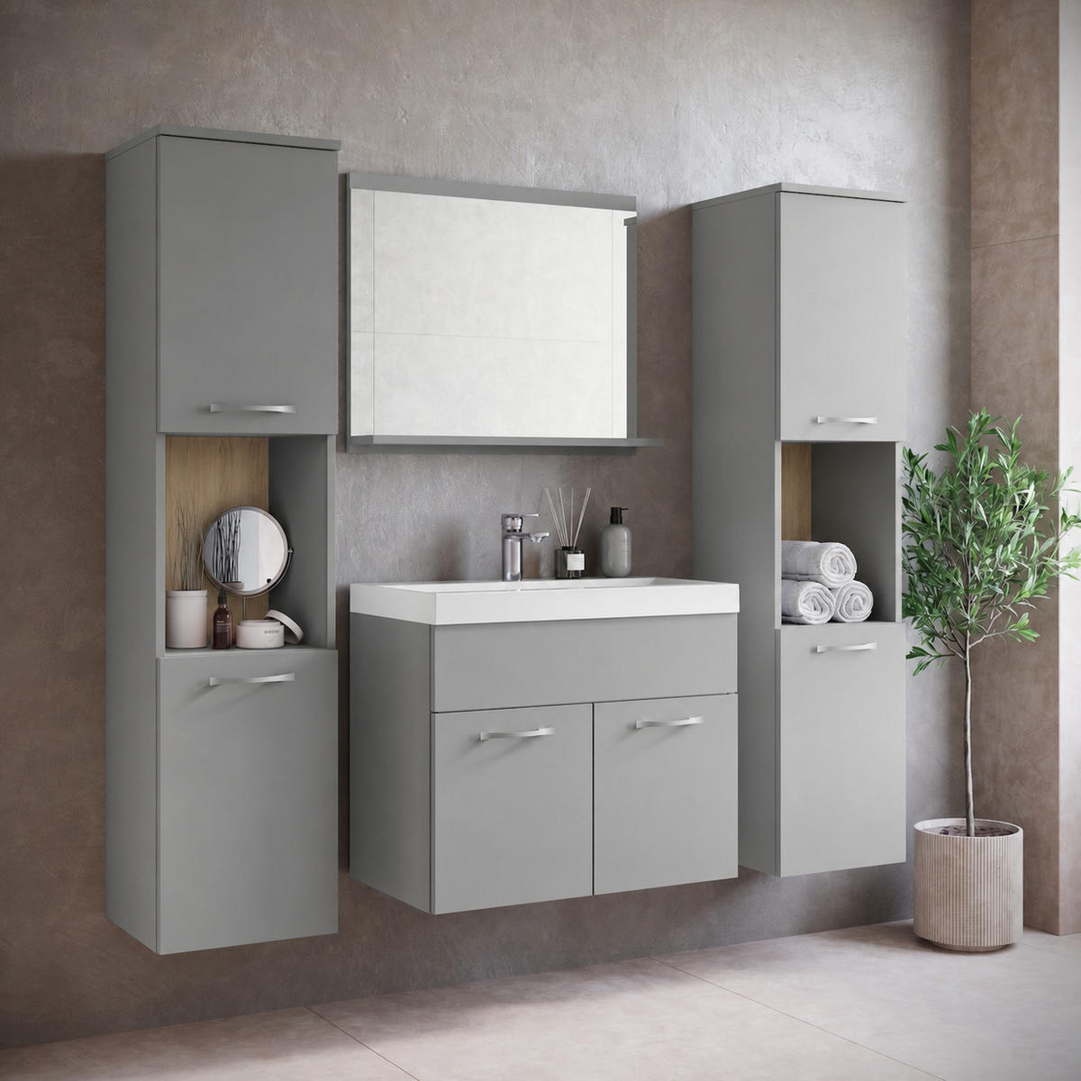 BADMÖBEL-SET Montreal 5 Teile Grau Matt - 60 x 35 x 51 cm - Grau, Holz (60/51/35cm) - Badplaats