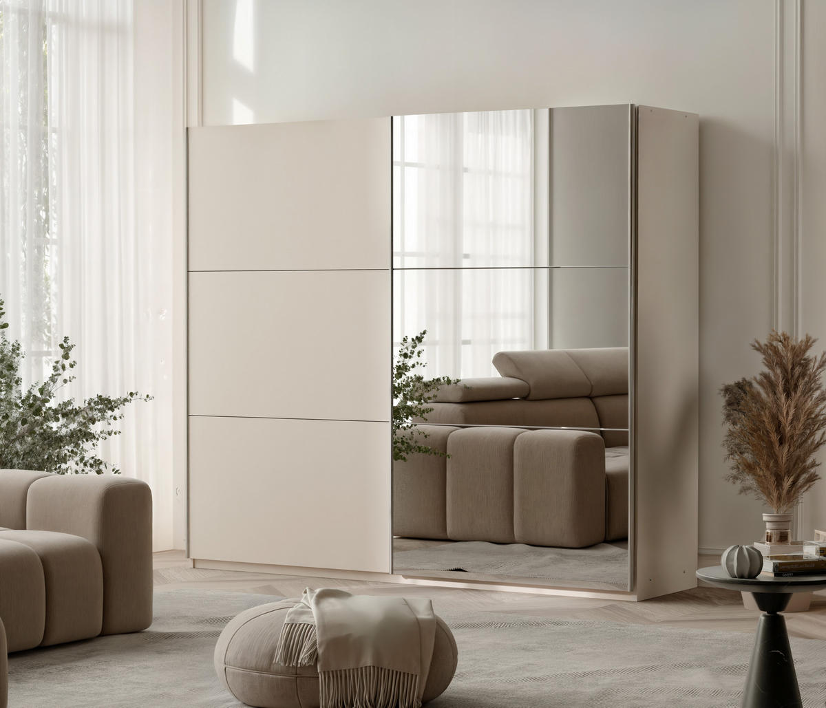 SCHWEBETÜRENSCHRANK IVERN 200/215/65 cm 2-türig mit Spiegel Beige - Beige, Holzwerkstoff (200/215/65cm) - MASSENO