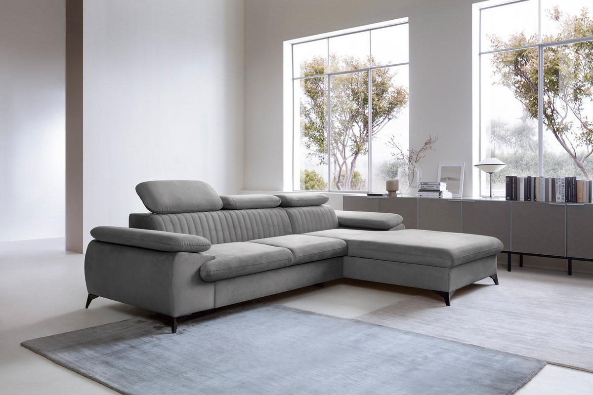 ECKSOFA 280 cm Xanto M, Schlaffunktion, verstellbaren Kopfstützen, Rechts, Grau - Grau, Holz (193/280cm) - Emporius