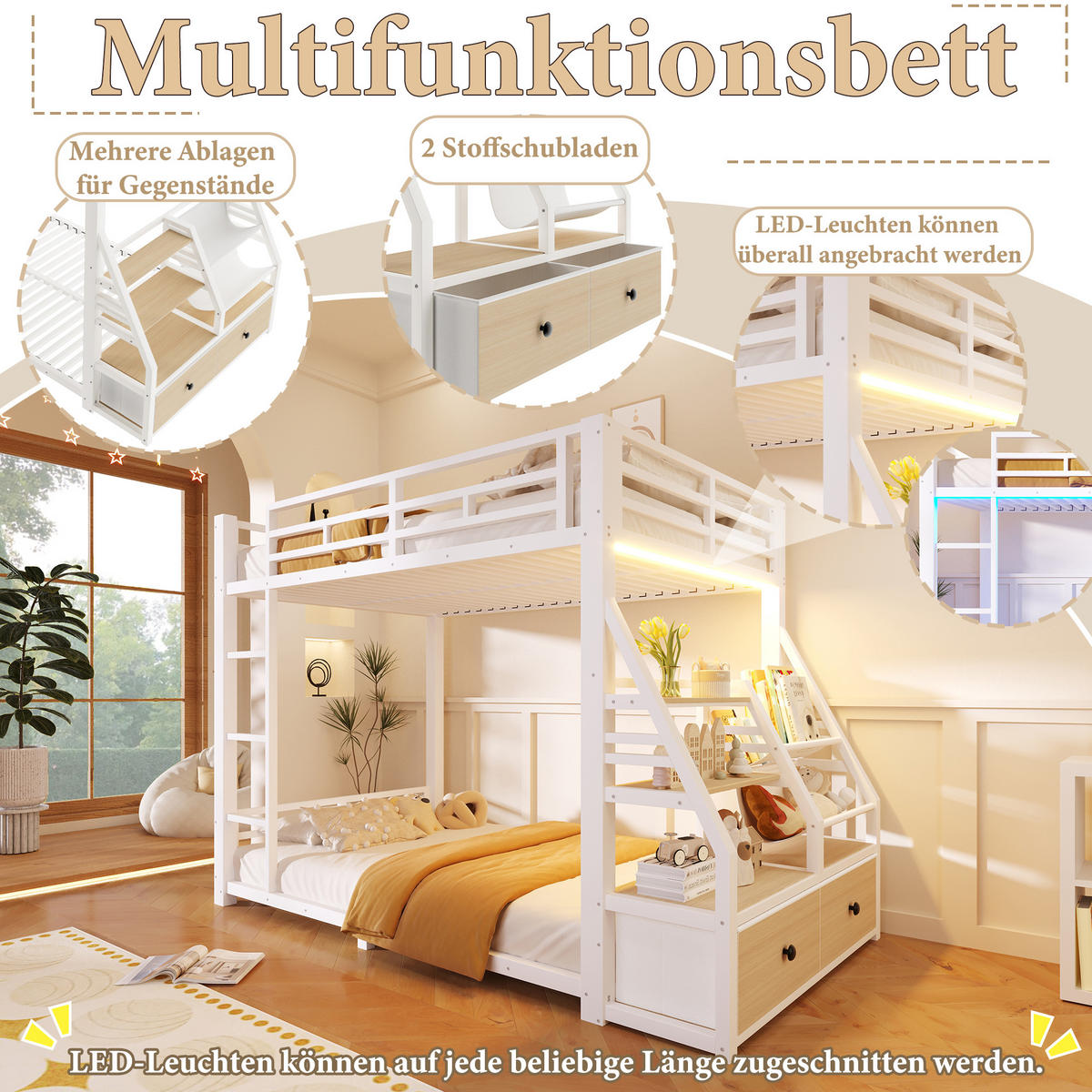 ETAGENBETT 90/200 cm & 90/200 cm in Weiß mit 2 Stoffschubladen, LED und Ablagen - Weiß, Holzwerkstoff/Metall (90/200cm) - STILVORA