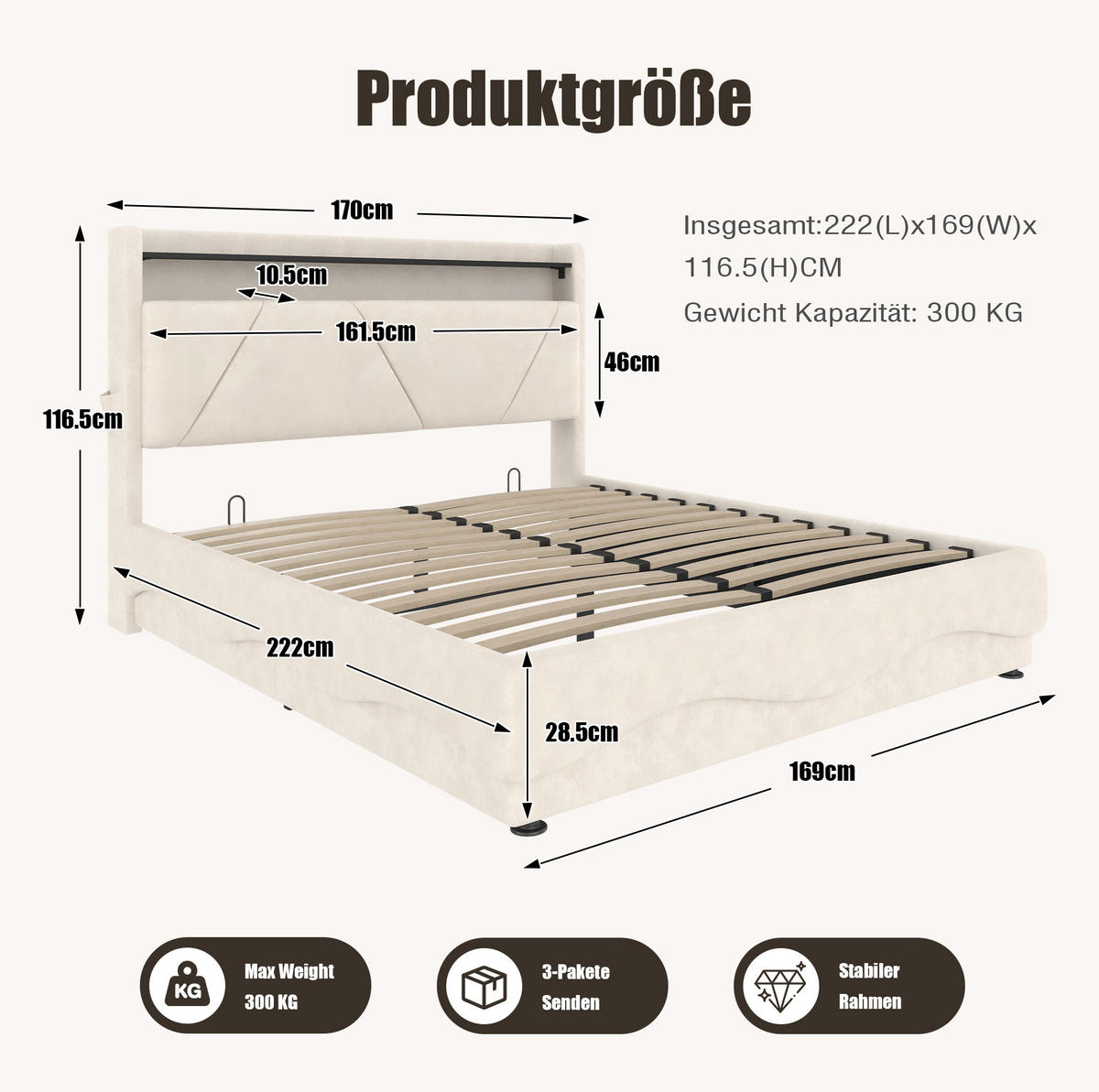 BETT mit Stauraum und LED 160x200 cm Samt Beige - Beige, Metall (160/200cm) - Meubliv