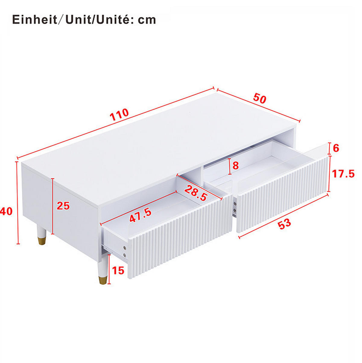 COUCHTISCH 110/50/40 cm in Weiß mit LED-Beleuchtung und 2 Schubladen - Weiß, Holzwerkstoff (110/50/40cm) - Flora Grace