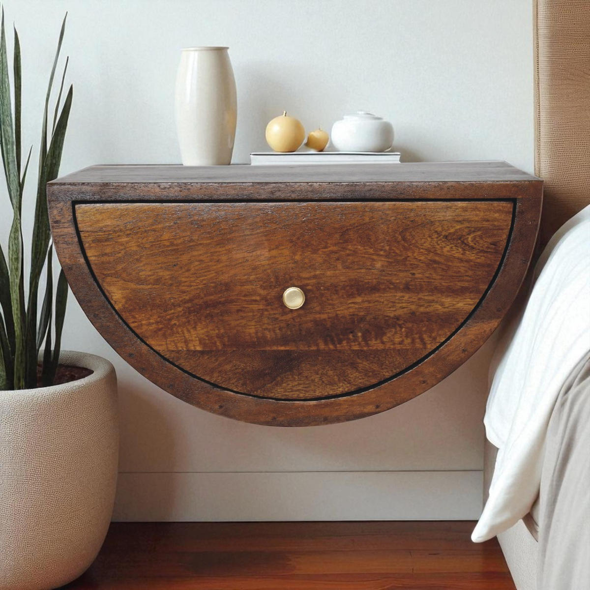 NACHTTISCH Levitate, Wandmontiert, 1 Schublade, Braun - Kastanienfarben/Messingfarben, Holz/Metall (45/23/32cm) - Artisan Furniture