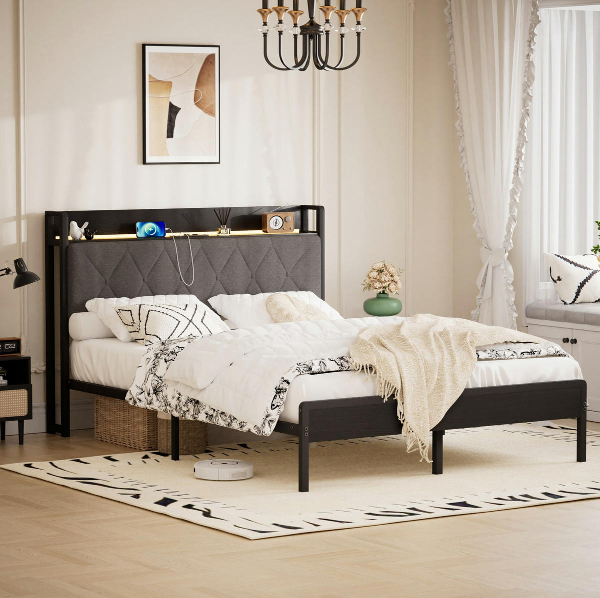 POLSTERBETT 140x190 cm in Schwarzgrau mit LED-Beleuchtung, USB-Anschluss und Stauraum - Schwarz, Textil (140/190cm) - IVMEU