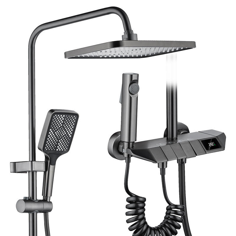 THERMOSTATISCHES Duschsystem 3 Funktionen mit Digitalanzeige Grau – Regendusche, Handbrause & Bidet, Piano-Tasten Bedienung, Badezimmer Armatur - Grau, Metall (18.5/120/27.5cm) - Kaket