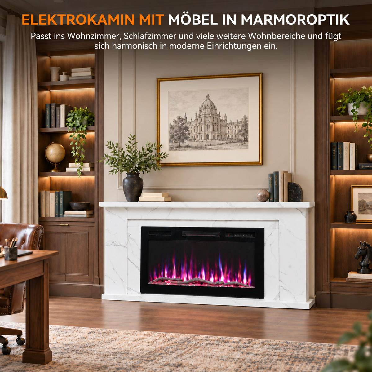ELEKTROKAMIN mit Schrank, , 36 Zoll, 1000/2000 W Heizleistung, Steuerung über App - Weiß, Holzwerkstoff (27.5/66/152cm)