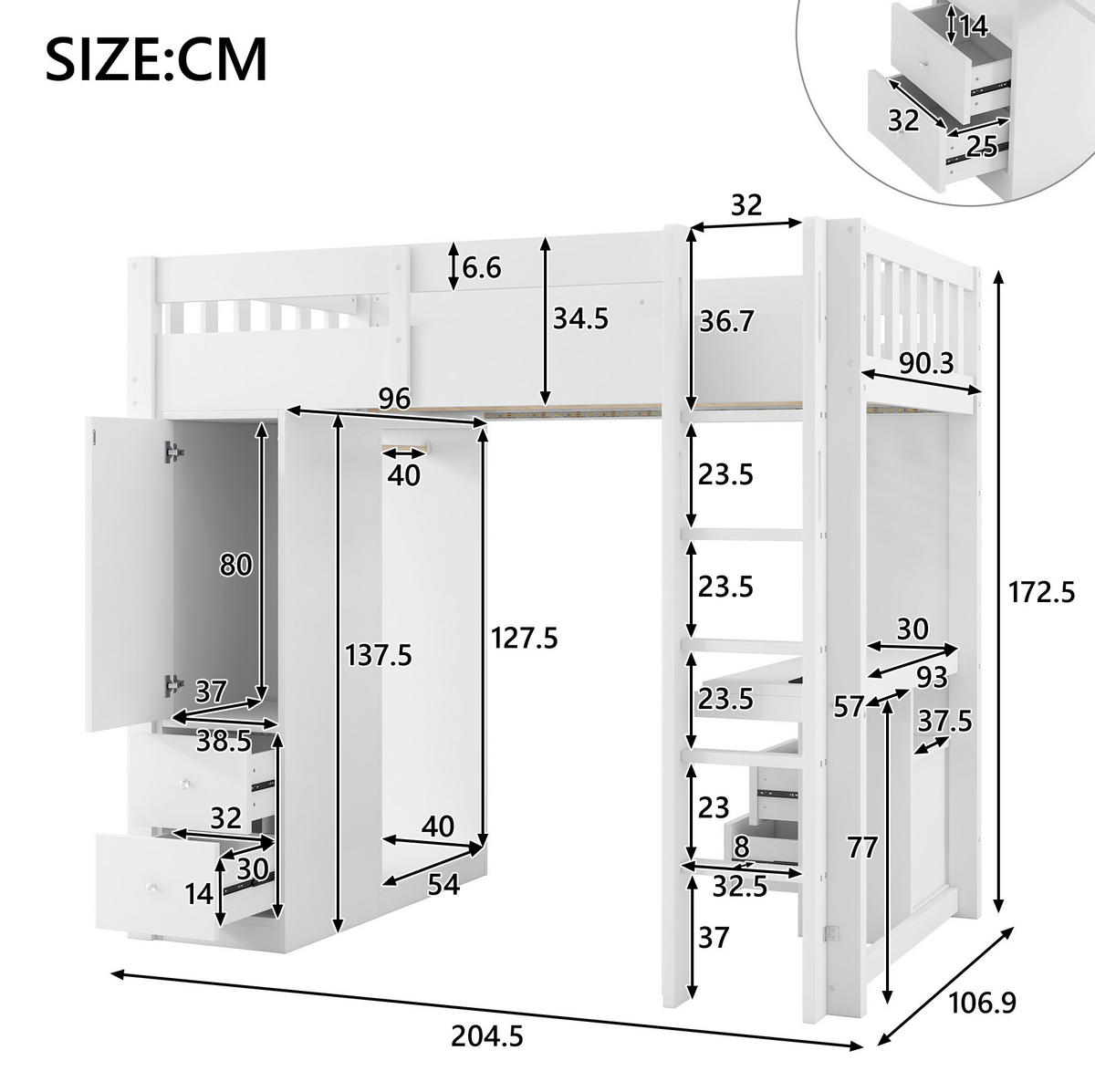 HOCHBETT 90/200 cm aus Kiefernholz und MDF mit Schreibtisch, 4 Schubladen, offenem Kleiderschrank und LED Weiß - Weiß, Holz (90/200cm) - Modenvie
