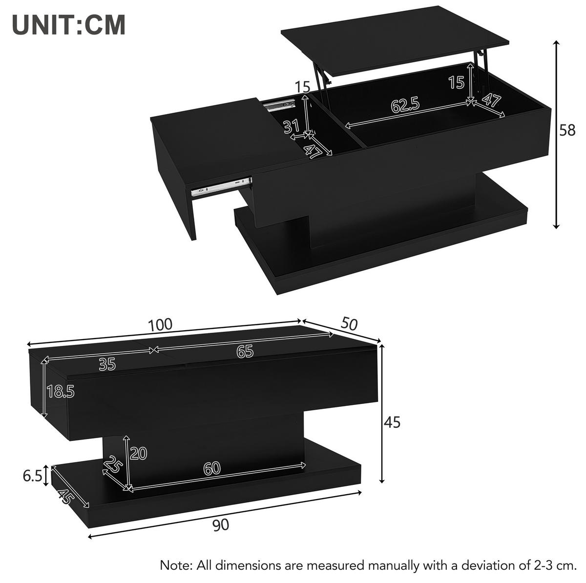 COUCHTISCH, Hochglanz schwarz, hydraulisch liftbar, Platte seitlich verschiebbar, mit LED & Stauraum, 100/50/45 cm,schwarz - Schwarz, Holzwerkstoff (100/50/45cm) - Redom