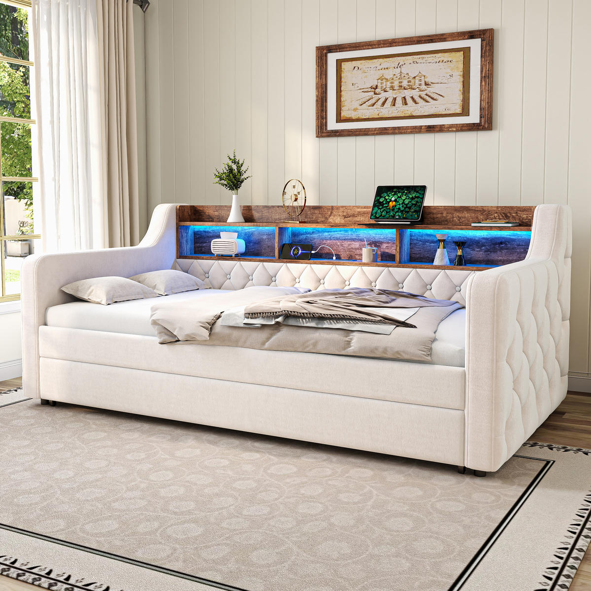 BETT 90/190 cm aus Samt mit Stauraum LED-Ambiente & USB-Type-C-Anschluss Beige - Beige, Textil (90/190cm) - OKWISH