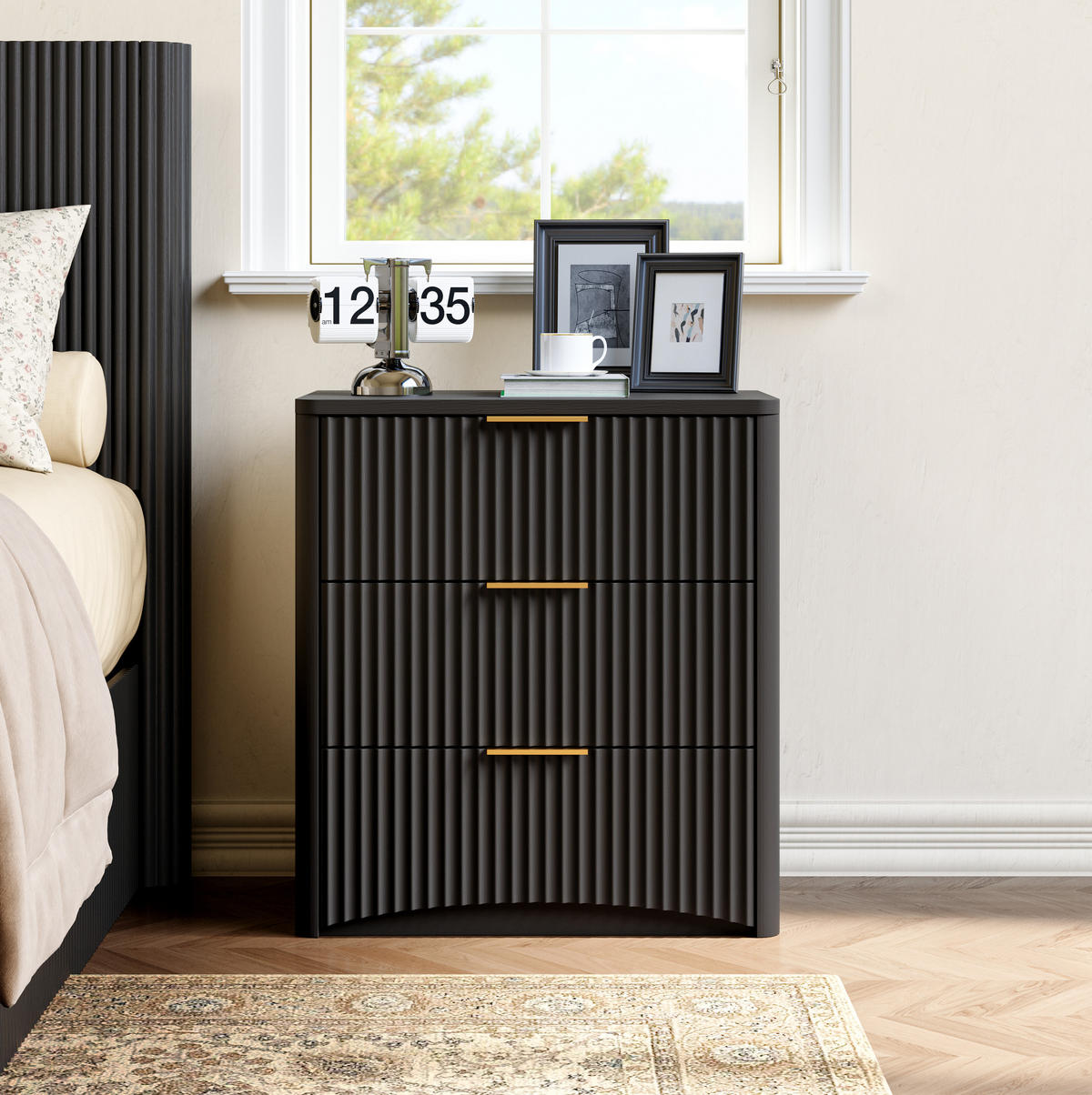 NACHTTISCH 58/38/64 cm Schwarz aus MDF mit 3 Schubladen - Schwarz, Holzwerkstoff (38/64/58cm) - OKWISH