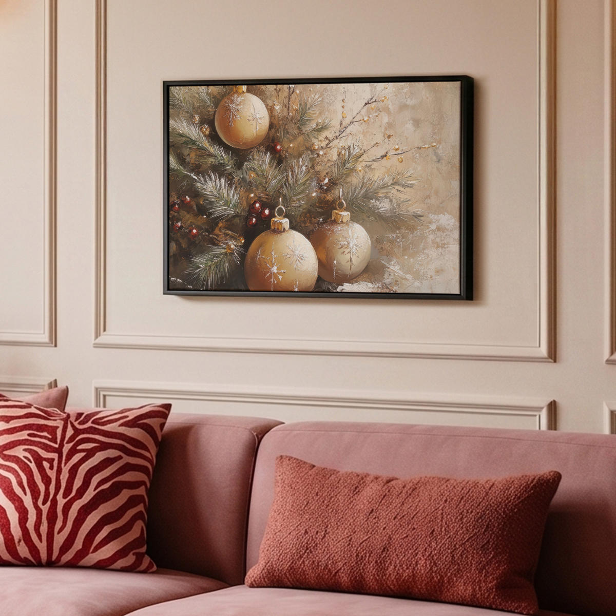 LEINWAND Bilder mit Rahmen - Weihnachten - Kugeln - Beige - Gold - 60x40 - Goldfarben, Textil (60/40cm) - MuchoWow
