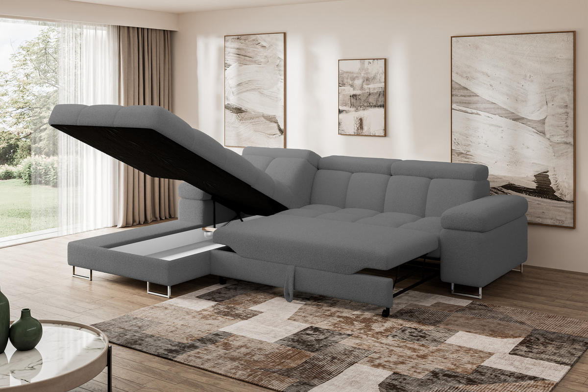 ECKSOFA mit Schlaffunktion Ottomane Links COMA L 271x203x79 Grau Bouclé - Chromfarben, Holzwerkstoff/Textil (271/203cm) - ALTDECOR