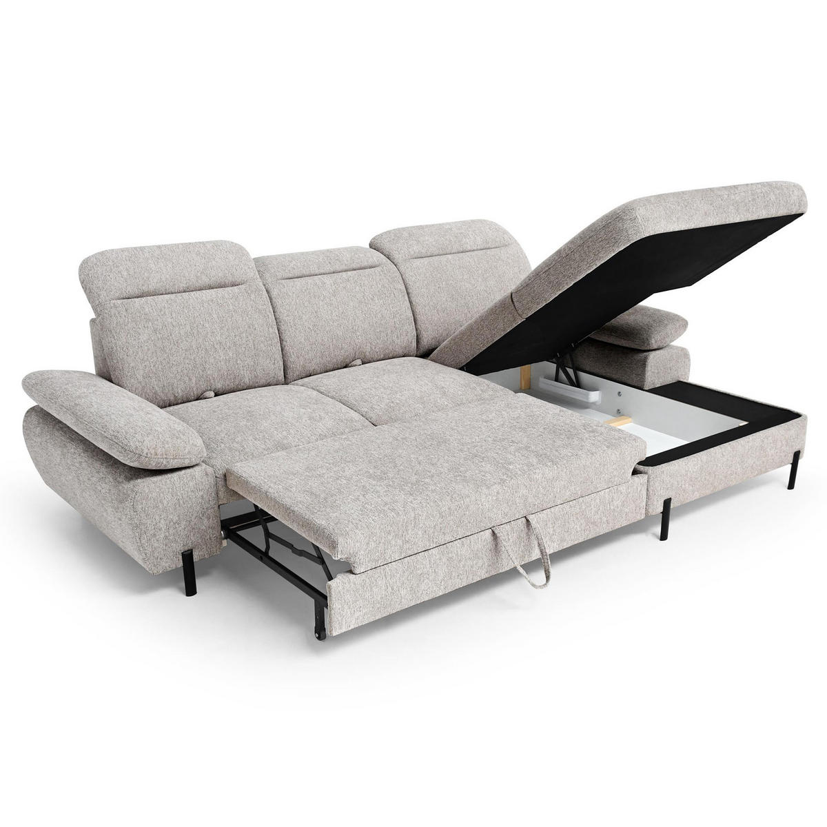 ECKSCHLAFSOFA Sora Mini mit verstellbaren Kopfstützen und Schlaffunktion, Chenille-Stoff, Dunkelbeige, Rechts - Beige/Schwarz, Textil (190/285cm) - Beautysofa